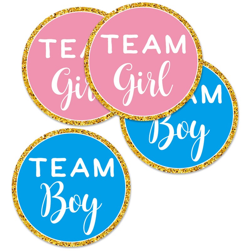 Mr.Mug Gold Gender Reveal Stickers- 80 Pack Team boy and Team Girl Baby Shower Sticker Labels, Perfect Gender Reveal Party Supplies, 2 Inch. - Image 1